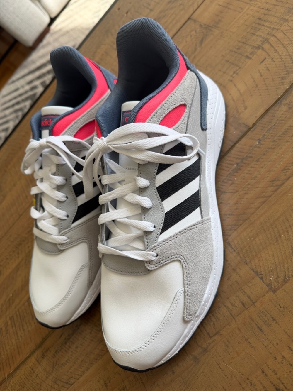 NWOT Adidas White Sneakers with Black Stripes and Pink Trim